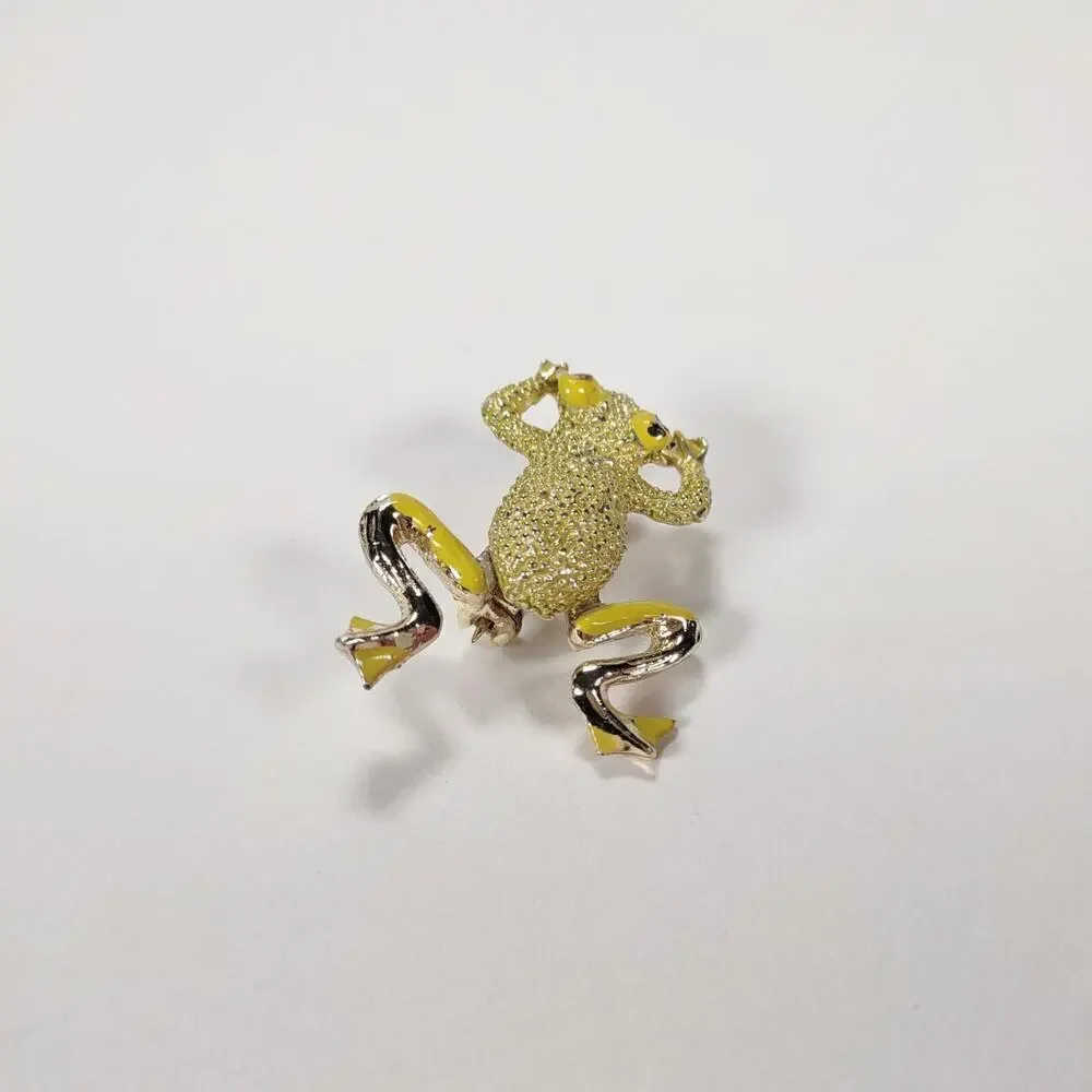Vintage 1970's Wiggly Leg Yellow Rhinestone And Enamel Frog Brooch - Picture 2 of 6